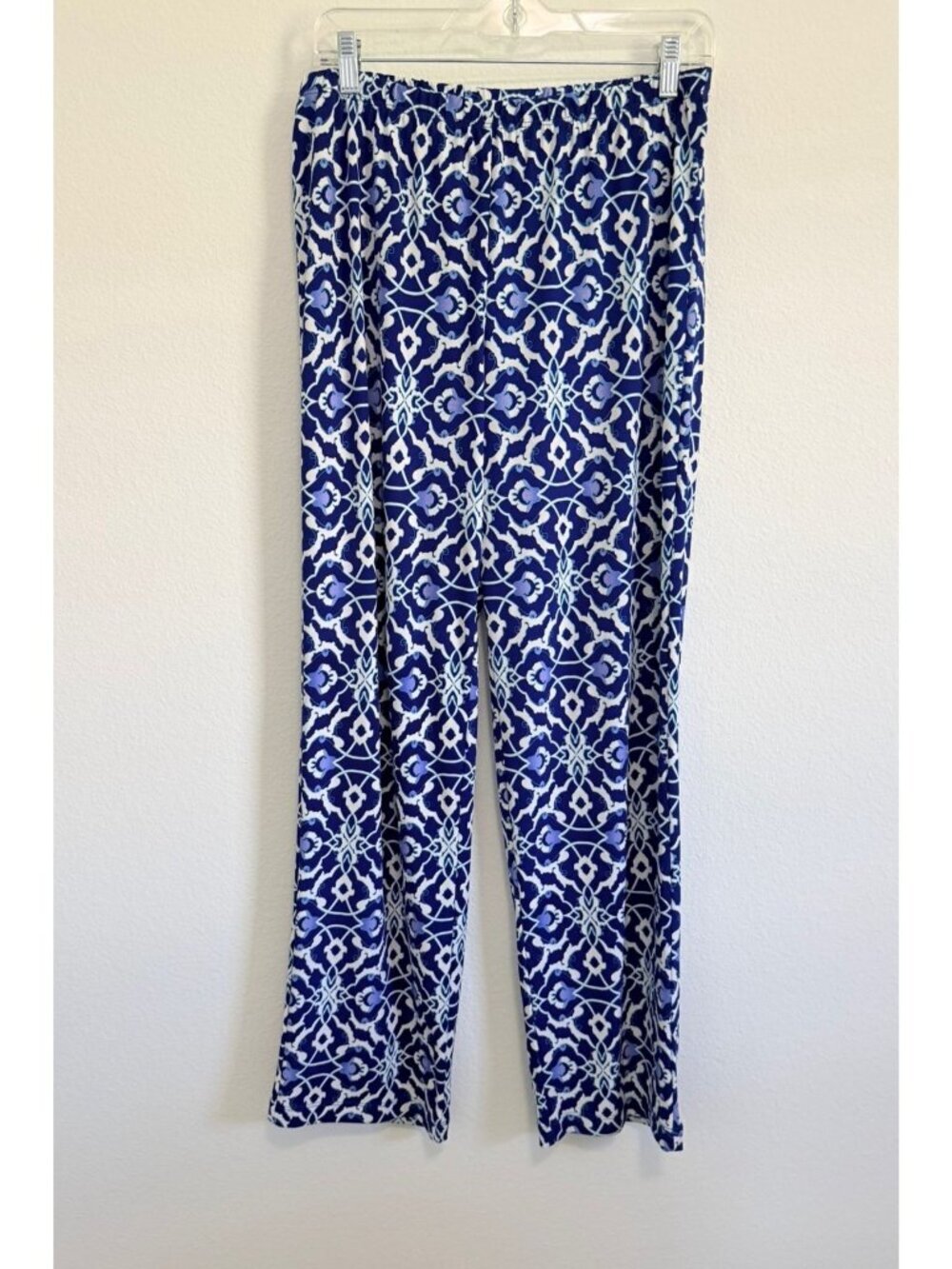 Chico's Easywear Blue/White Geo Stretch Pull On Straight Leg Pants Size 1 (M)